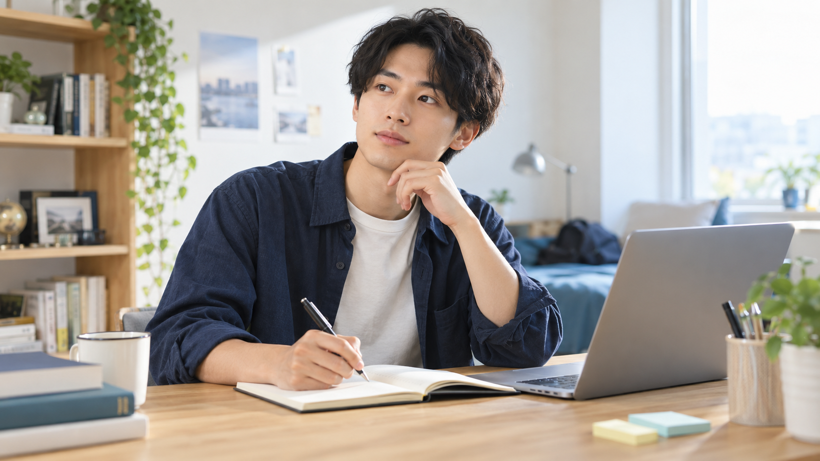自分の経験をノートに書き出し、就活の自己分析をする大学生のイメージ